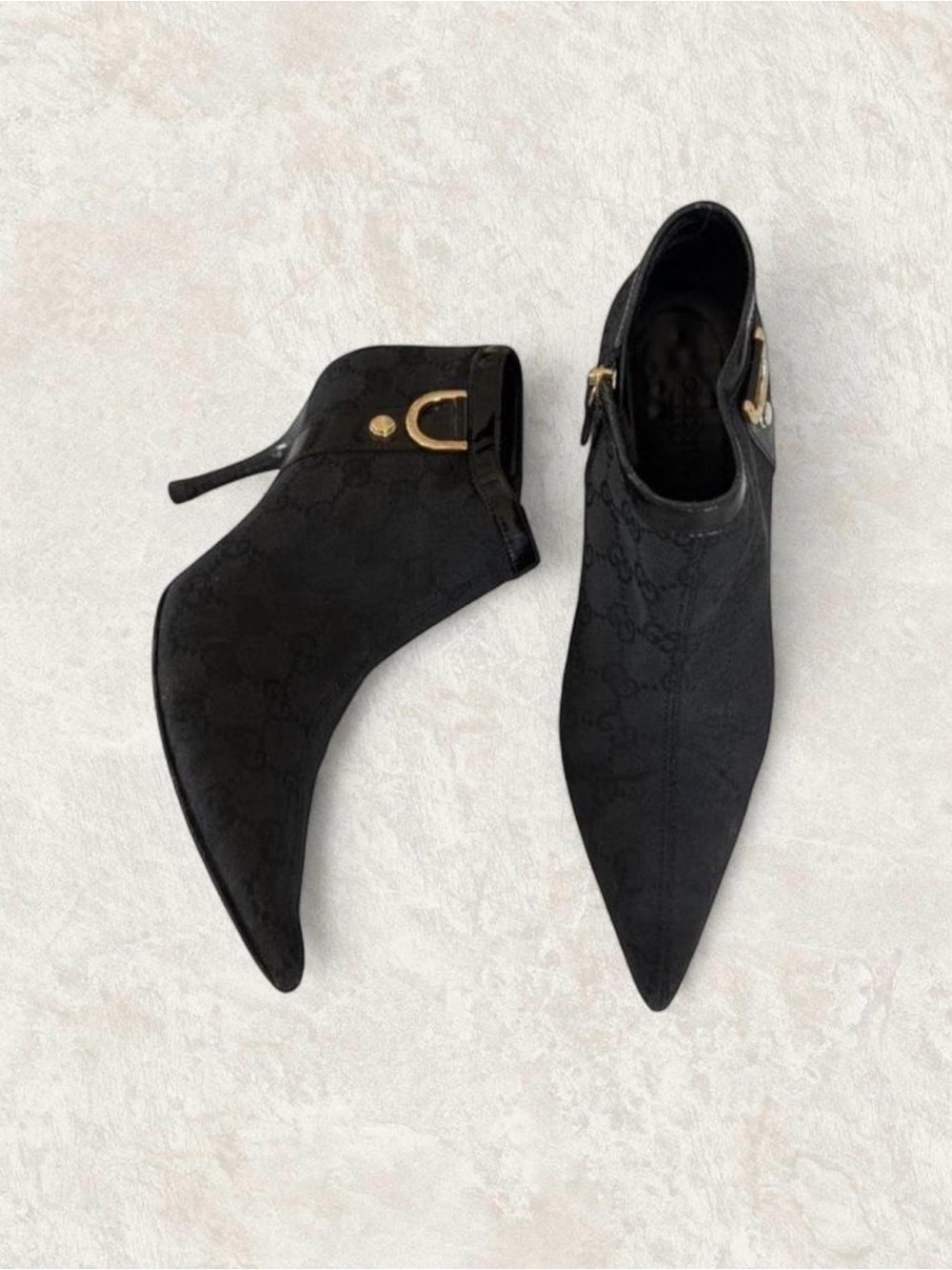 Auth Gucci Tom Ford Black GG Monogram Pointed Ankle Booties Gold Abbey Buckle